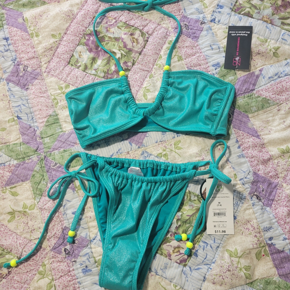 NWT No Bundaries Teal String Bikini Set with Bead Accents